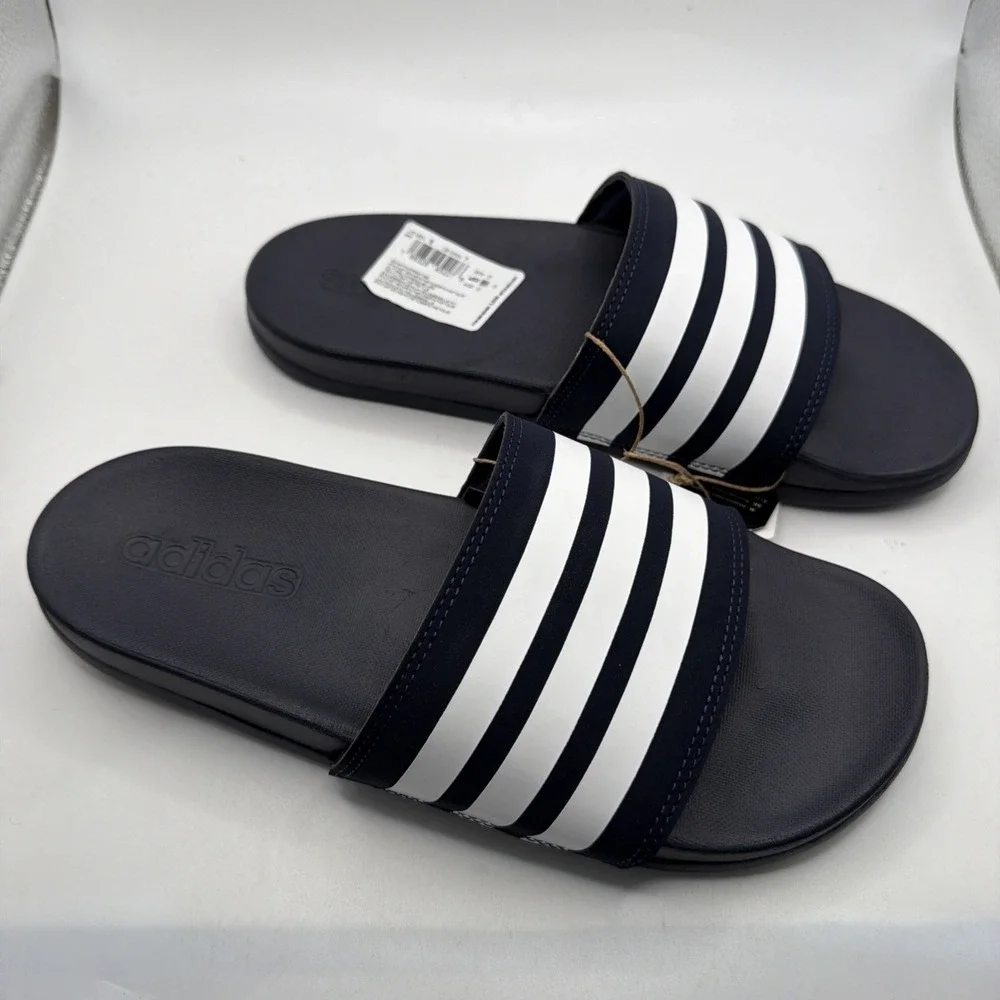 Adidas Adilette Comfort Slides - Navy /White Stripes - Men's 7- Women's 8 - Picture 4 of 6